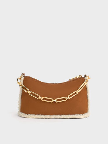Robyn Faux Suede Fur-Trim Elongated Chain-Handle Bag, Brown, hi-res