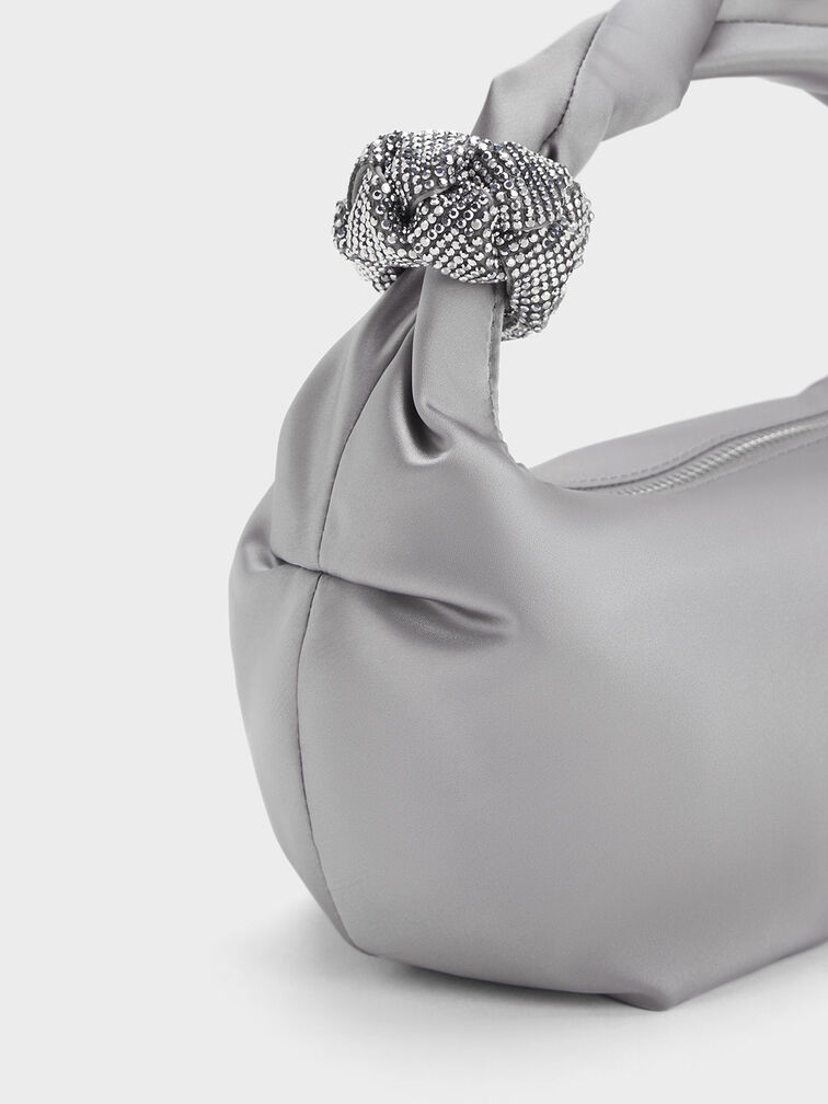 Embellished Metallic Shoulder Bag, Silver, hi-res