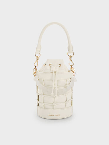 Heart Motif Caged Bucket Bag, Chalk, hi-res