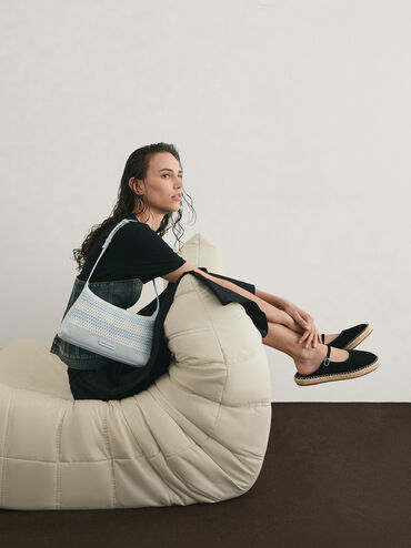 Ida Checkered Knitted Shoulder Bag, Sea Salt Blue, hi-res