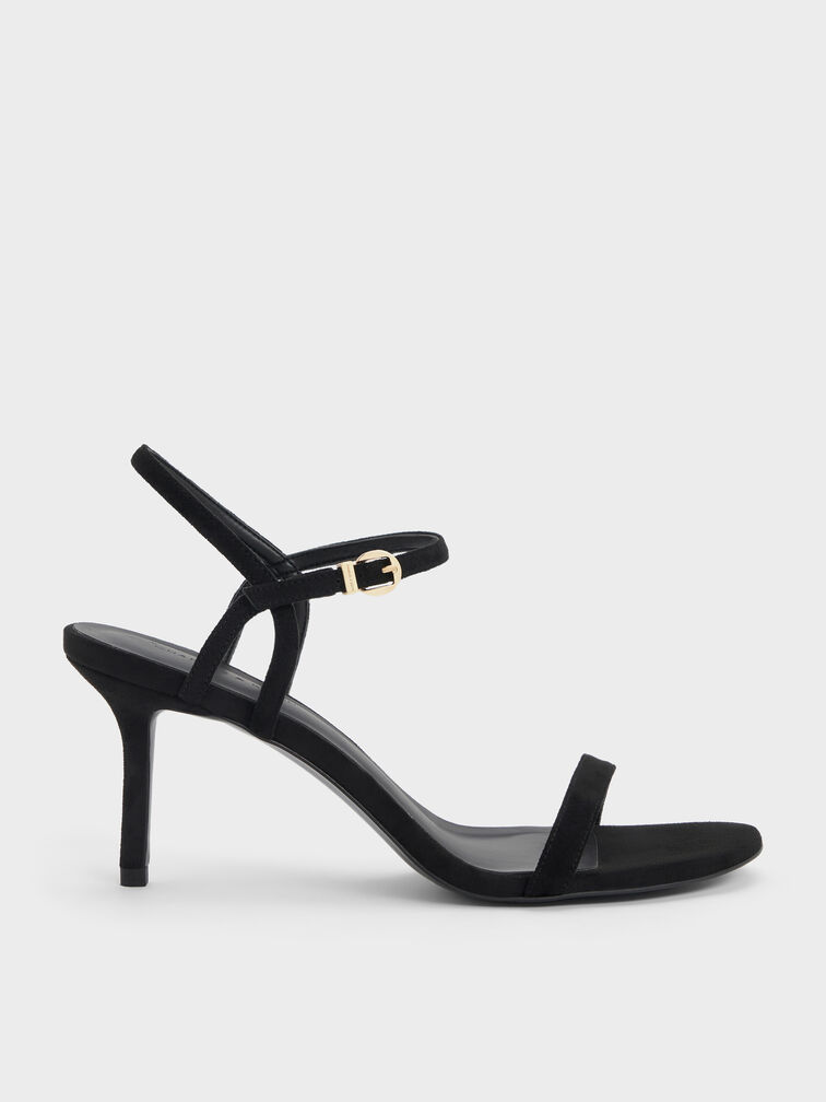 Faux Suede Ankle-Strap Heeled Sandals, Black Textured, hi-res