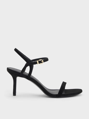 Faux Suede Ankle-Strap Heeled Sandals, Black Textured, hi-res