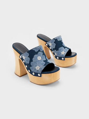 Tabitha Floral Denim Platform Clogs, Blue, hi-res