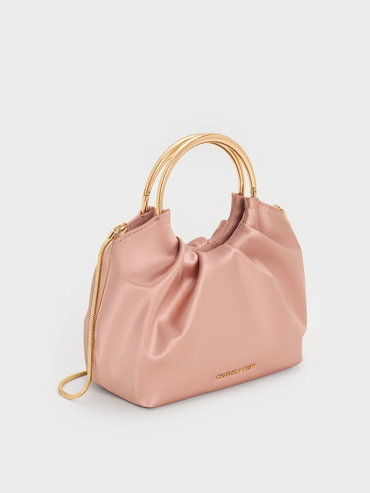 Satin Ruched Ring-Handle Bag, Ballerina Pink, hi-res