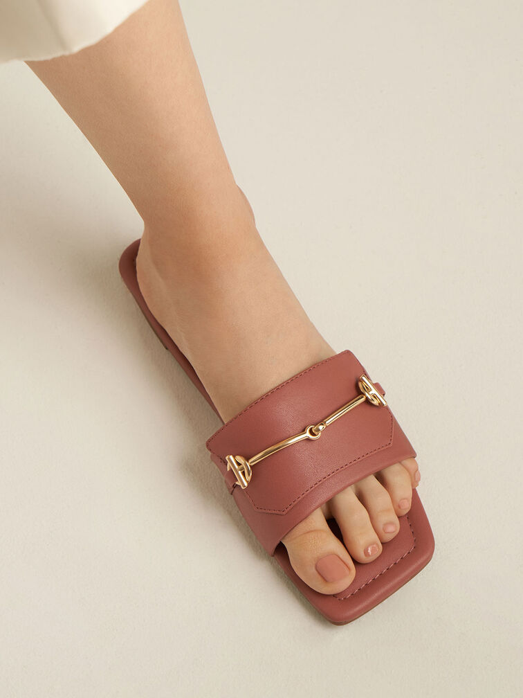 Metallic Accent Slide Sandals, Cognac, hi-res