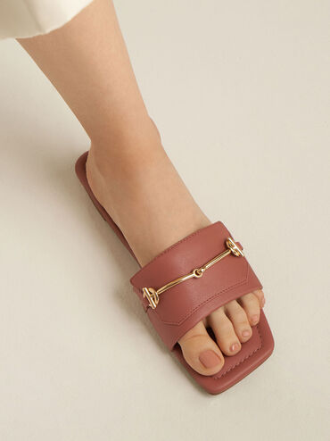 Metallic Accent Slide Sandals, Cognac, hi-res