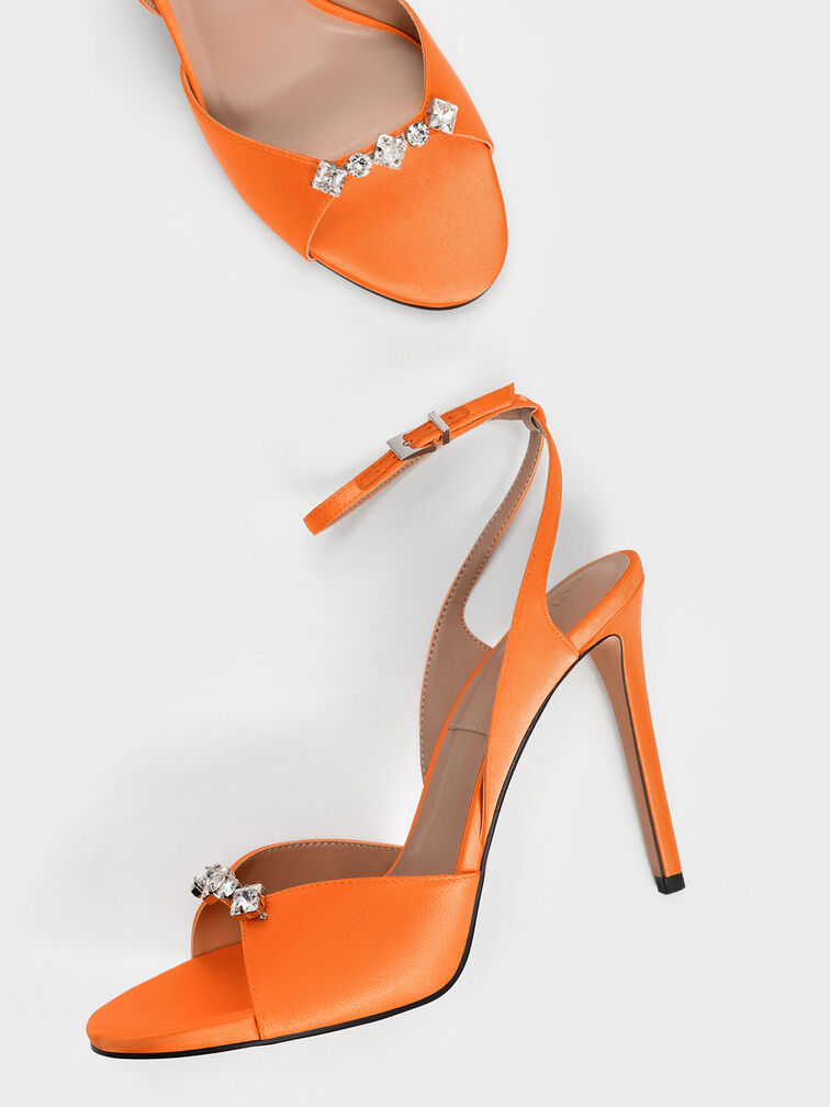 Metallic Gem-Encrusted Ankle Strap Sandals, Orange, hi-res
