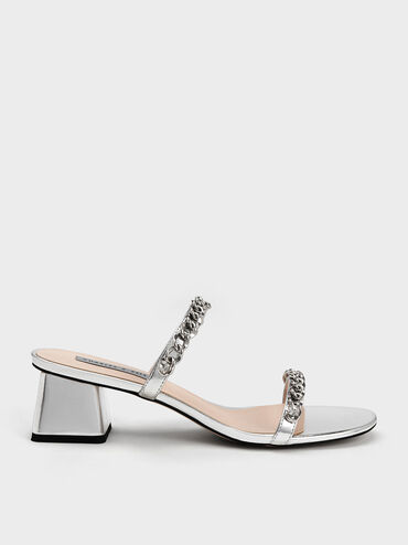 Chain-Link Block Heel Sandals, Silver, hi-res