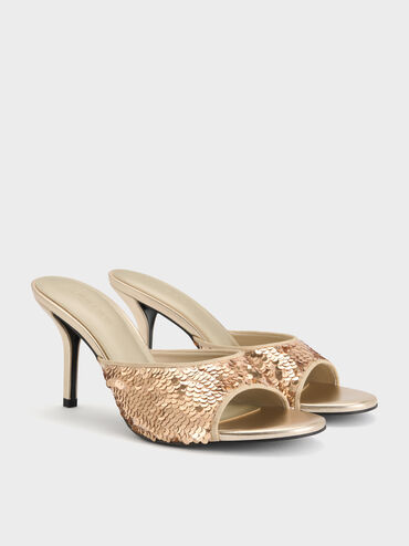 Sequinned Stiletto-Heel Mules, Gold, hi-res