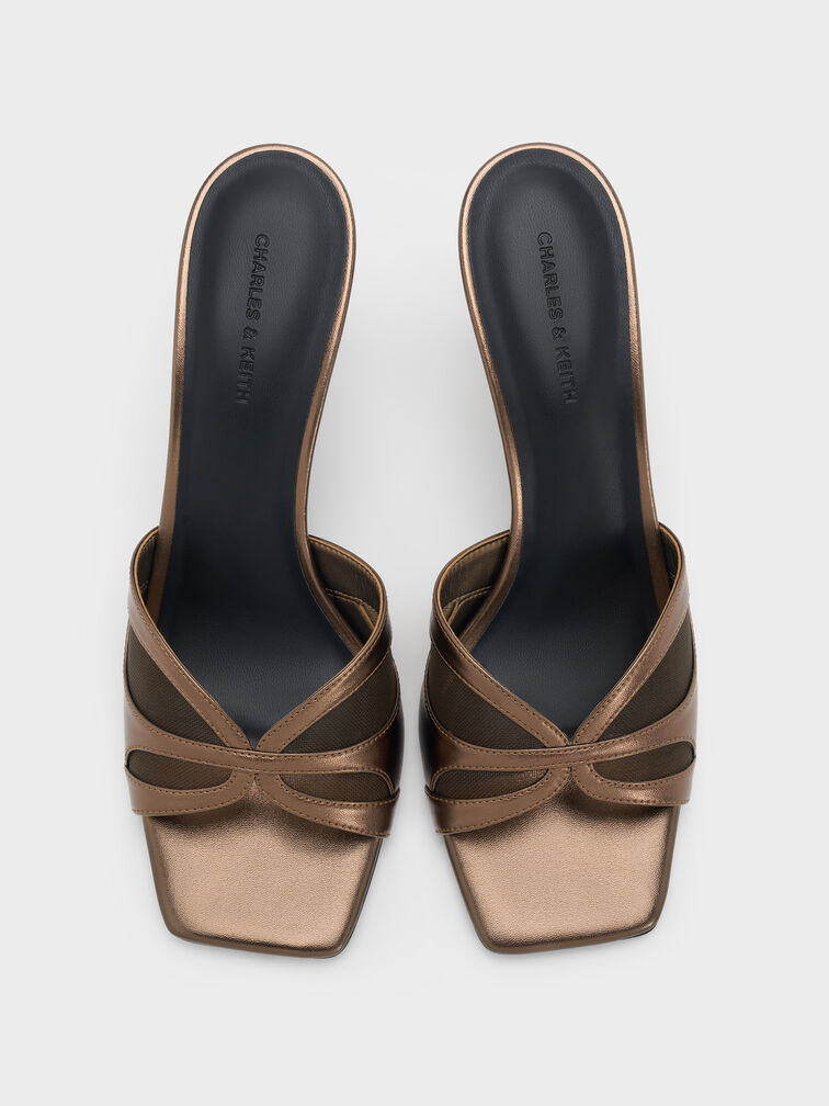 Metallic Mesh Heeled Mules, Bronze, hi-res
