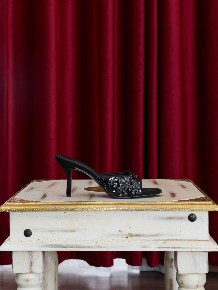 Sequinned Stiletto-Heel Mules, Black Textured, hi-res