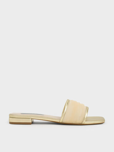 Metallic Chiffon Ruched Slides, Gold, hi-res