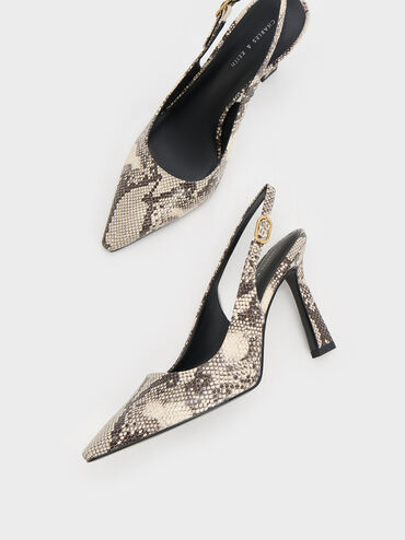 Snake-Print Trapeze Heel Slingback Pumps, Animal Print Natural, hi-res