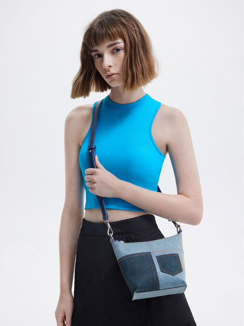 Anthea Denim Contrast-Trim Shoulder Bag, Denim Blue, hi-res