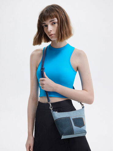 Anthea Denim Contrast-Trim Shoulder Bag, Denim Blue, hi-res