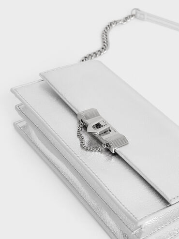 Tallulah Metallic Push-Lock Long Wallet, Silver, hi-res