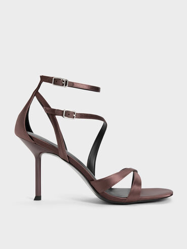 Satin Asymmetric Strappy Heeled Sandals, Mauve, hi-res