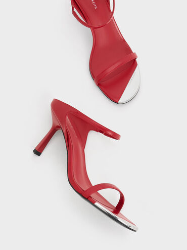 Metallic Cap Stiletto Heel Mules, Red, hi-res