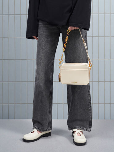 Lock & Key Chain Handle Bag, Cream, hi-res