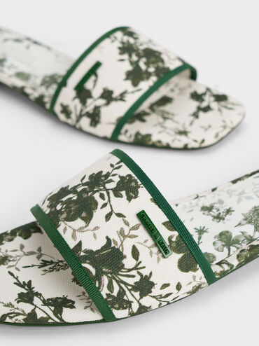 Floral-Print Slide Sandals, Green, hi-res