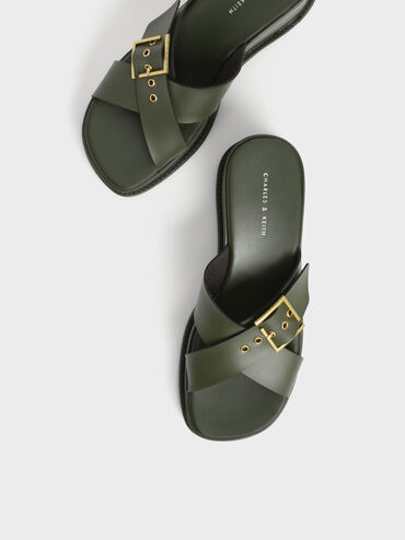 Buckled Crossover Curved Platform Sandals, Olive, hi-res