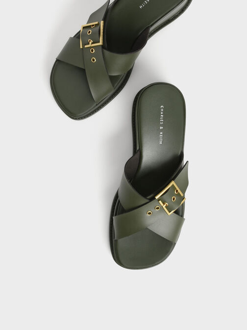 Buckled Crossover Curved Platform Sandals, Olive, hi-res
