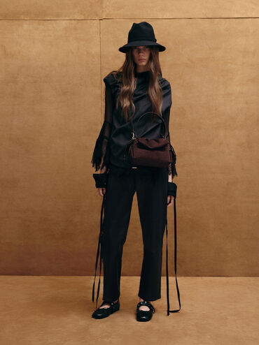 Khai Recycled Suede Ruched-Flap Side-Pocket Top Handle Bag, Espresso Brown, hi-res