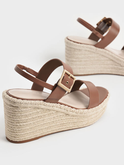 Buckled Espadrille Wedges, Brown, hi-res