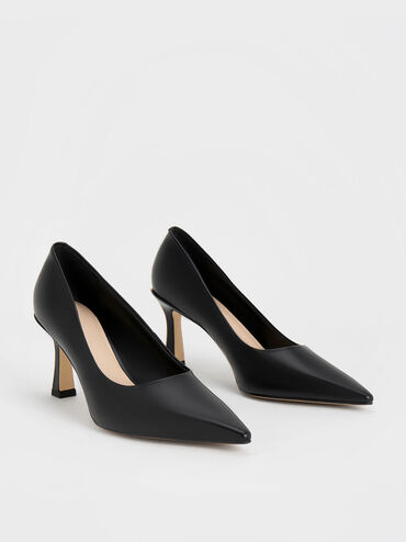 Flared Heel Pointed-Toe Pumps, Black, hi-res