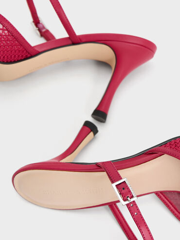 Mesh Woven Heeled Mules, Red, hi-res