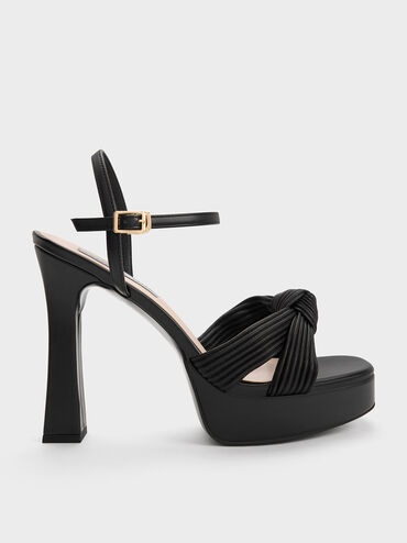 Pleated Knotted Platform Sandals, Black, hi-res