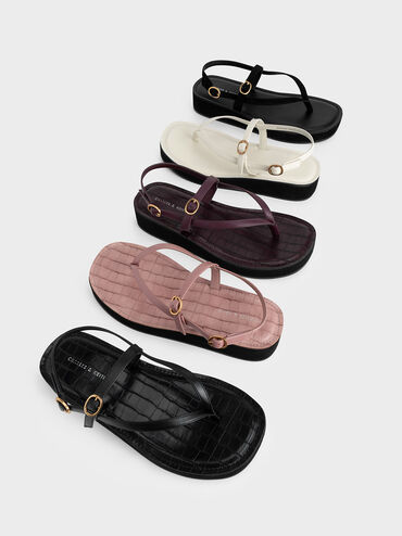 Croc-Effect Strappy Flatform Thong Sandals, Pink, hi-res