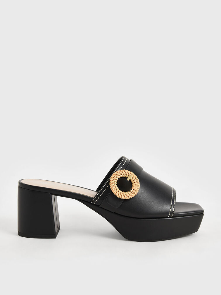 Woven Buckle Platform Mules, Black, hi-res