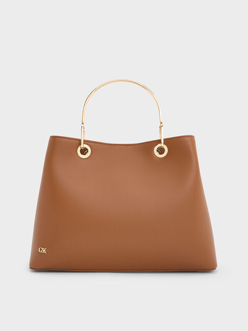 Leather Ring-Handle Bag, Cognac, hi-res