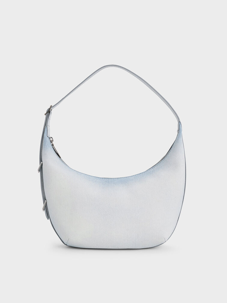 Bryna Denim Curved Hobo Bag, Light Washed Denim, hi-res