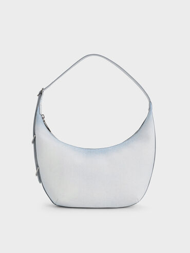 Bryna Denim Curved Hobo Bag, Light Washed Denim, hi-res