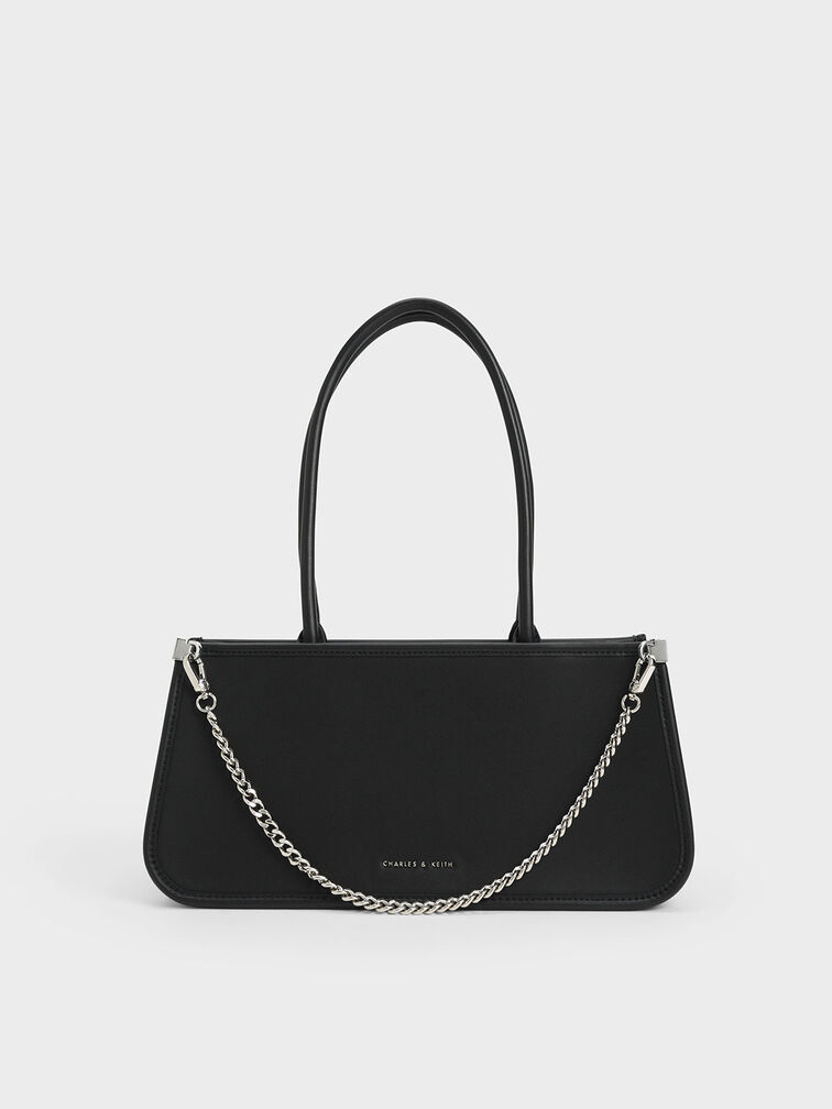 Curved Handle Geometric Bag, Black, hi-res
