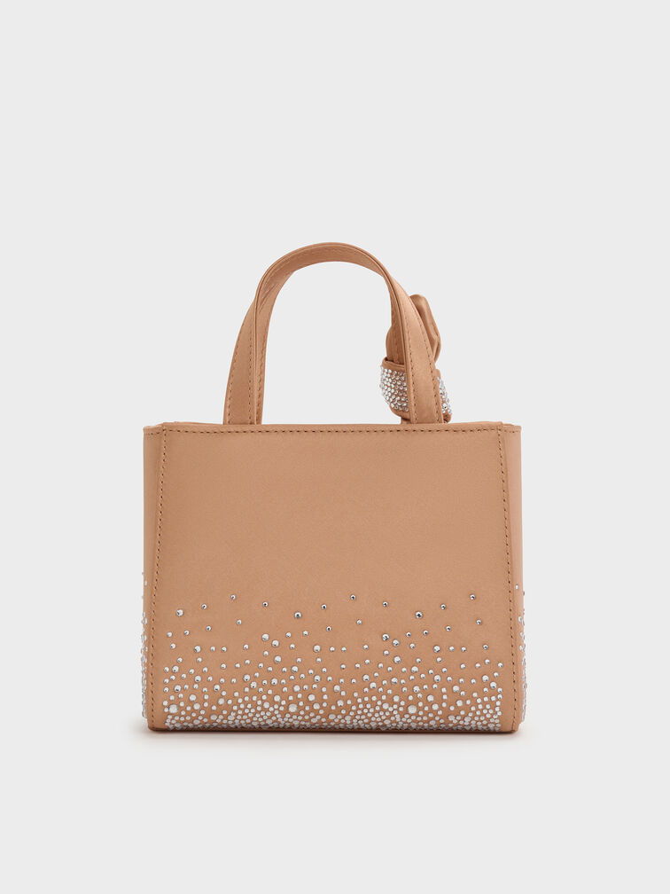 Mini Albany Leather & Satin Crystal-Embellished Knot-Bow Bag, Nude, hi-res
