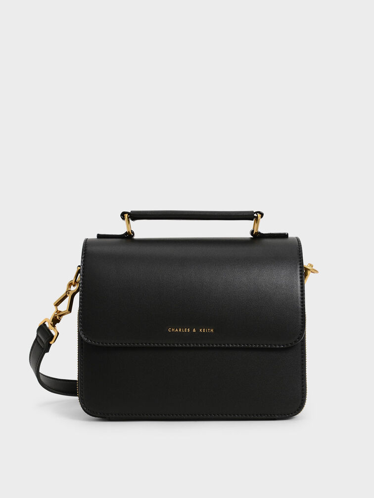 Front Flap Top Handle Crossbody Bag, Black, hi-res