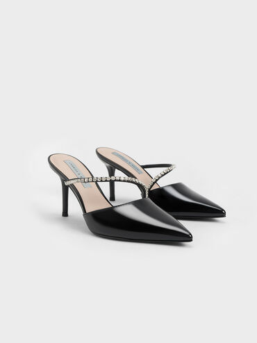 Gem-Encrusted Patent Mules, Black Patent, hi-res