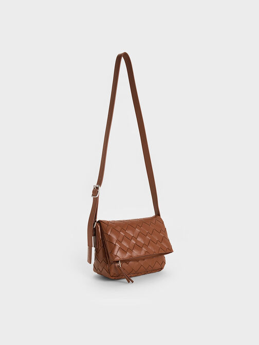 Ivette Woven Front Flap Crossbody Bag, Chocolate, hi-res
