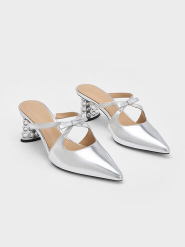 Bow Crossover Gem-Embellished Mules, Silver, hi-res