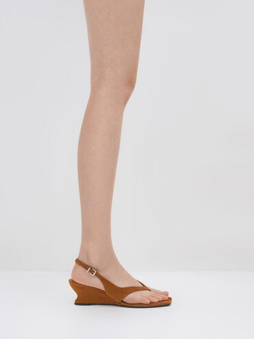 Faux Suede Slingback Thong Wedges, Cognac, hi-res