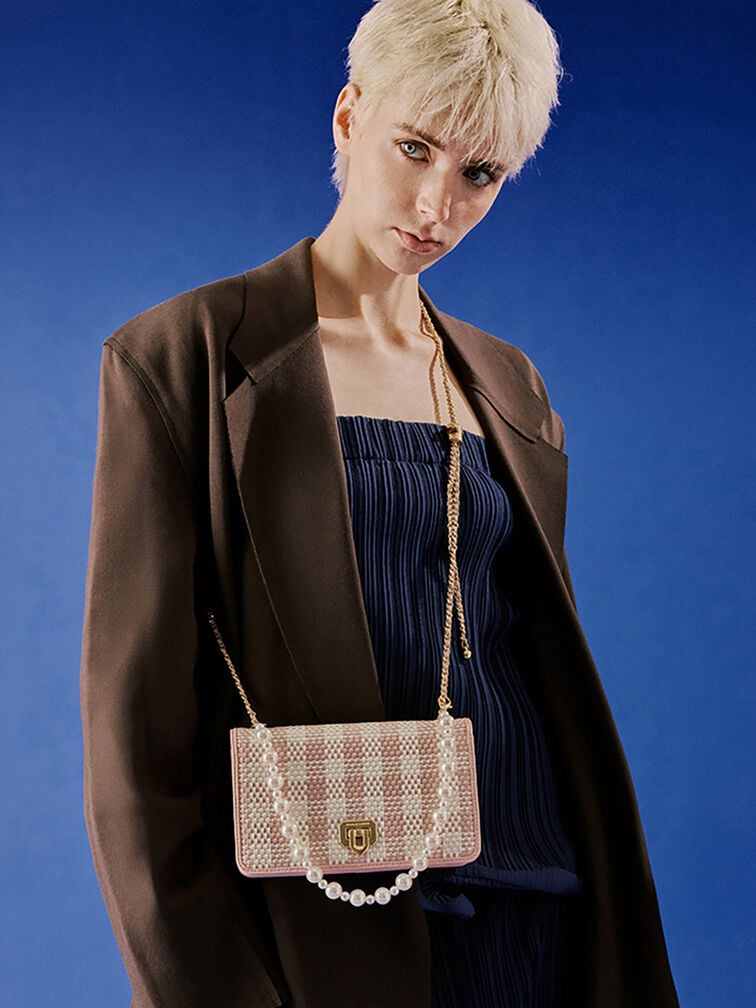 Alessia Checkered Pearl-Embellished Wallet on Chain, Light Pink, hi-res