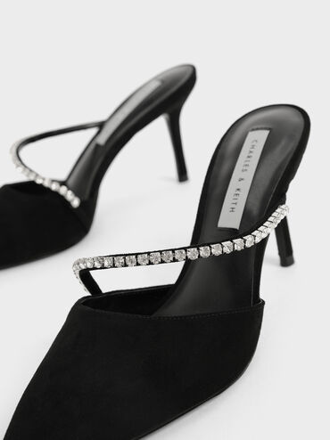 Gem-Encrusted Textured Stiletto Mules, Black, hi-res