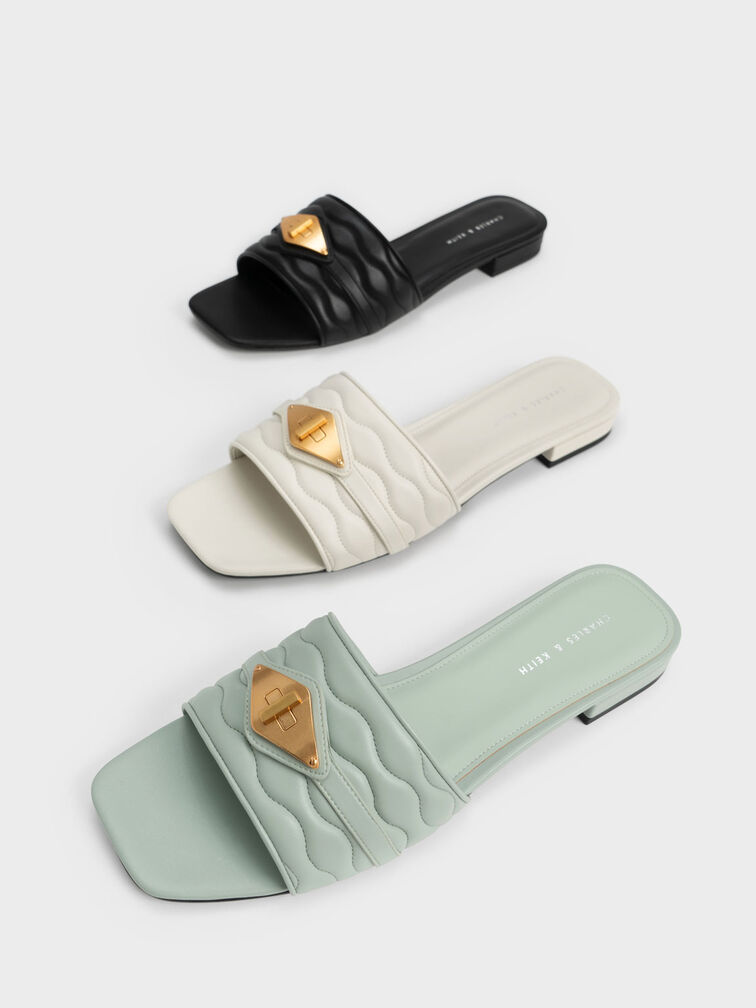 Metallic Buckle Textured Slides, Mint Green, hi-res