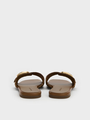 Studded Buckled Slide Sandals, Brown, hi-res