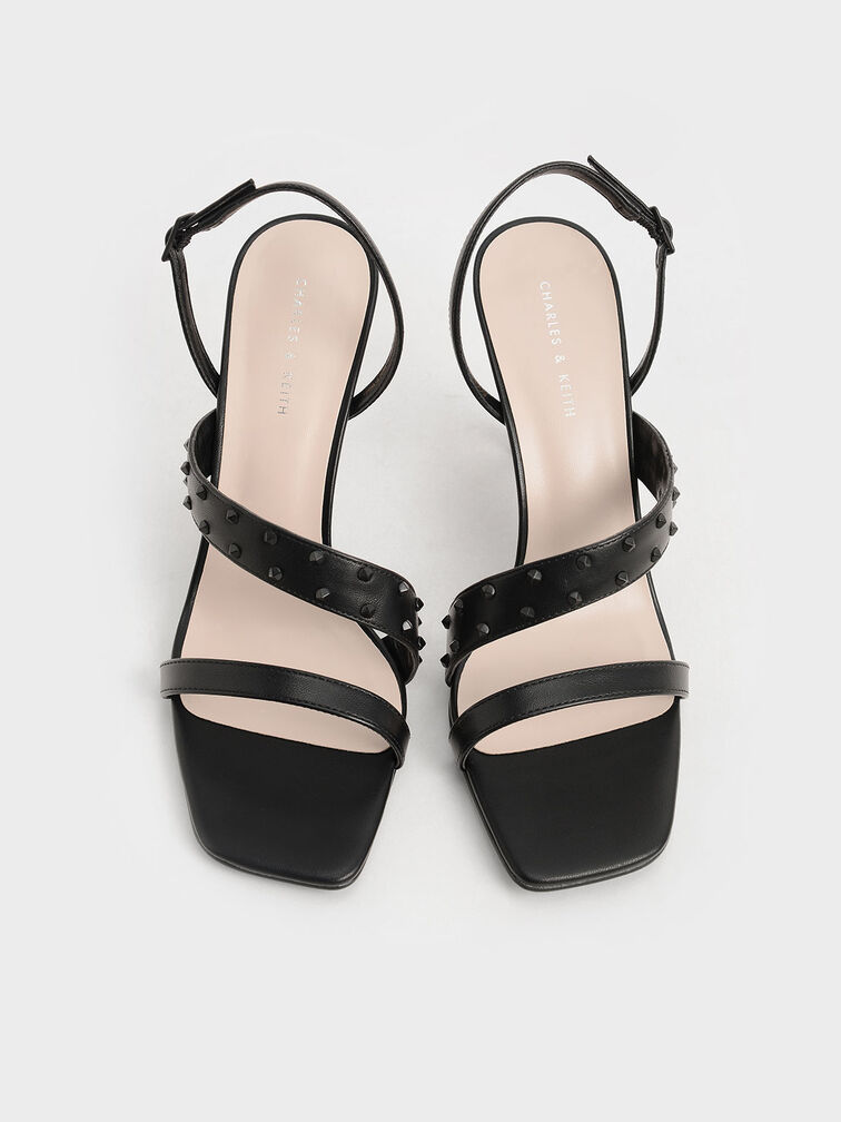 Studded Asymmetric Strap Stiletto Sandals, Black, hi-res