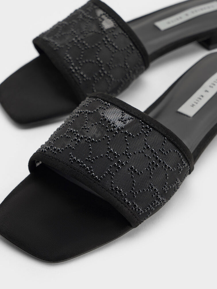 Bead-Embellished Mesh Flat Sandals, Black, hi-res