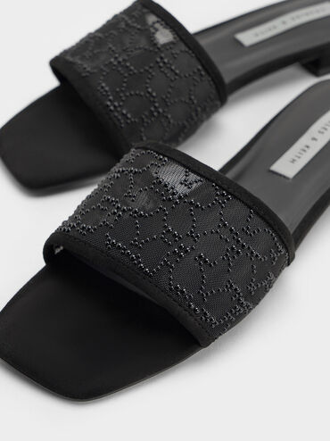 Bead-Embellished Mesh Flat Sandals, Black, hi-res